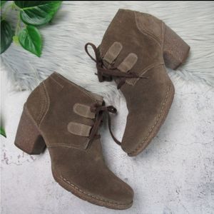 Clarks Genuine Suede Tan Heeled Carleta Ankle Boots